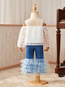 SHEIN Baby Girl Fashionable Textured Bowknot Tank Top And Multi-Layer Mesh Flare Pants Set, Suitable For Outings In Spring And Summer