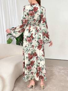 Al Najma V領花卉印花優雅長袖阿拉伯服裝，夏季款 - 彩色 - 查看 2