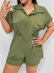 Flirla Plus Size Women's Simple Solid Color Daily Casual Wrinkle Texture Jumpsuit - Army Green - View 5