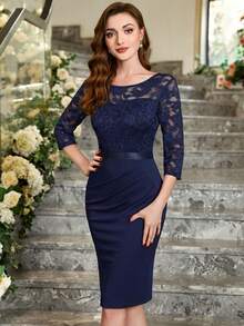 MIUSOL Elegant Floral Lace Round Neck Wrap Hem Cocktail Party Bodycon Dress Prom Semi Formal Wedding Guest Dress, For Birthday, Graduation, Dinner, Homecoming - Navy Blue - View 5