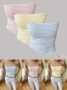 INAWLY 3入組女士條紋無肩帶上衣，適用於沙灘、旅遊、夏季 - 彩色 - 查看 1