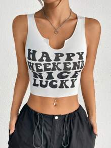 SHEIN Unity 女士夏季無袖背心，印有字母圖案 - 白色 - 查看 1