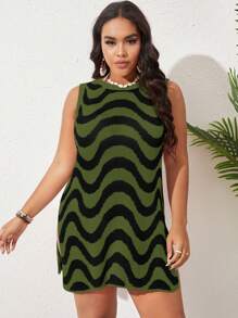 SHEIN Swim Curve Plus Size Women' Beach Wave Striped Round Neck Sleeveless Side Slit Cover-Up Dress Summer