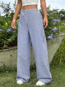 SHEIN EZwear 夏日假期與家居休閒藍白寬條紋寬鬆直筒寬腿褲 - 藍白色 - 查看 5