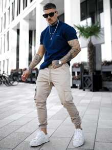 Men's Casual Cargo Pants With Multiple Pockets And Cuffed Legs - Khaki - View 4