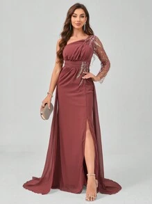 女士正式晚会礼服（厚重款式）优雅长袖舞会婚礼宾客礼服，适合毕业典礼、晚宴 - 紅木色 - 查看 6