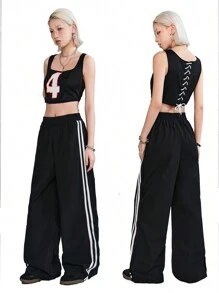 SHEIN EZwear 網狀數字拼接結構背心和側邊條紋褲子 - 黑色 - 查看 1