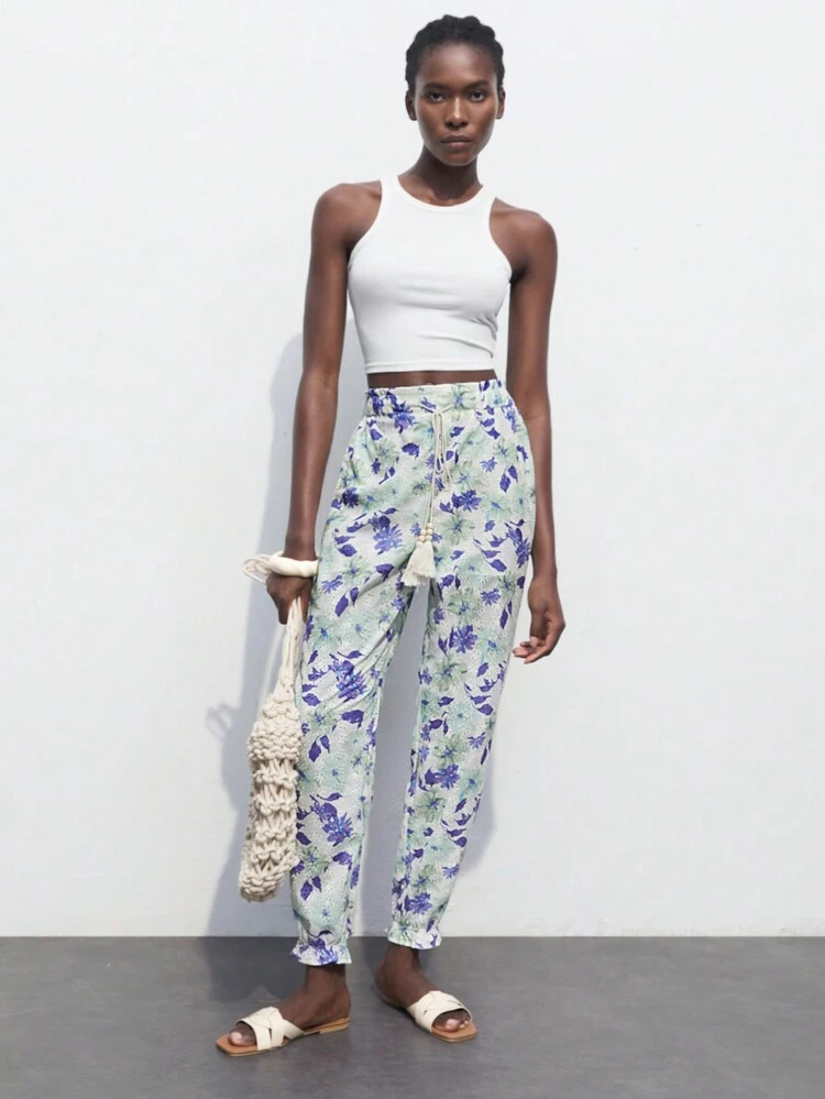 SHEIN Maija Pantalones básicos casuales con estampado floral para mujer