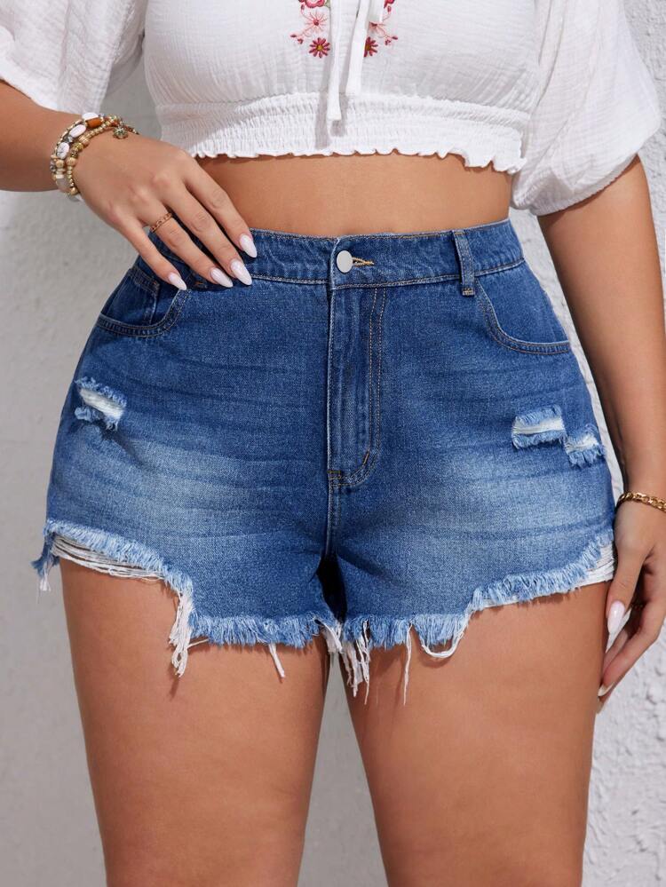 Plus Size Women's Casual Denim Shorts With Pockets, Distressed And Frayed Hem Design