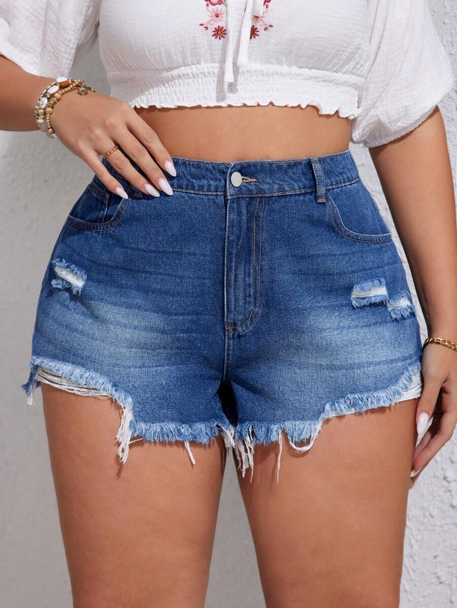 SHEIN VCAY Quần short denim thường ngày có túi dành cho nữ cỡ lớn, thiết kế viền rách và sờn - Rửa tối - Xem 1