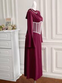 Modelyn Vestido árabe de manga larga elegante con cuello alto y bloqueo de color para mujer, vestidos largos de noche