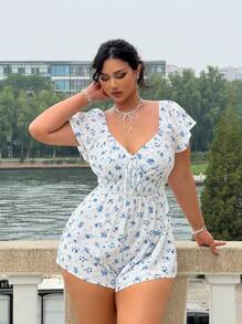 Flirla Plus Size Boho Floral Printed Digital Tie Waist Romper, For Summer - White - View 6
