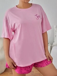 TOM & JERRY X SHEIN 大尺碼休閒可愛寬鬆針織卡通印花粉色 Tee 和短褲睡衣組合 - 粉色 - 查看 3