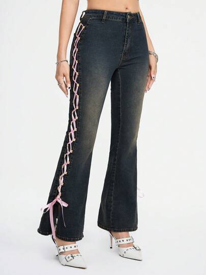 Grunge Punk Jeans pour femmes avec bande de cravate de couleur unie, mode pour dames