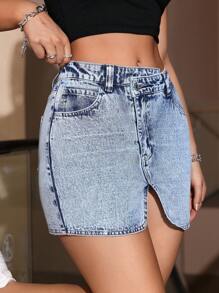 SHEIN EZwear Falda vaquera de verano de moda para mujer con bolsillos inclinados y diseño entallado al Body