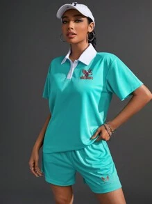 Streetz SHEIN Sport Women's Color-Block Letter Print Short Sleeve Top And Shorts Sports Set, Summer - Mint Blue - View 6