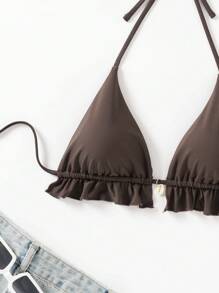 Swim Mod Bãi biển mùa hè dành cho nữ Màu trơn viền dây buộc dây buộc cổ Bikini gợi cảm - màu nâu - Xem 7