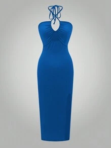 Chiquease Đầm Maxi hở lưng gợi cảm không tay màu đen cho nữ - Xanh đậm - Xem 4