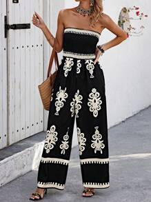 Selianne Thời gian rảnh rỗi Retro Hoa In Quây Áo liền quần - màu đen - Xem 4