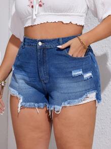 SHEIN VCAY Quần short denim thường ngày có túi dành cho nữ cỡ lớn, thiết kế viền rách và sờn - Rửa tối - Xem 3