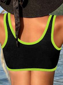 SHEIN Swim Women's Summer Beach Contrast Neon Trim Casual Bikini Set, Bathing Suit