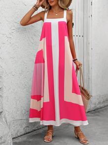 Chiquease 女式极简主义不对称印花细肩带连衣裙，适合日常穿着，超长度假海滩装 - 彩色 - 查看 8