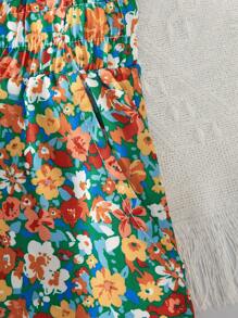 SHEIN Tween Girl Loose Fit Casual Ruffle Sleeve T-Shirt And Floral Allover Print Shorts Set - Rose Red - View 3