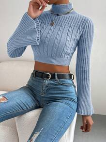 EURMUSE Stand Collar Flare Sleeve Cropped Sweater - Baby Blue - View 6