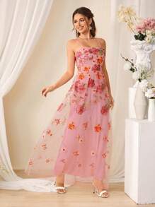 SHEIN Belle Đầm dài thêu dây sang trọng trang trọng dành cho nữ - Màu Hồng baby - Xem 3