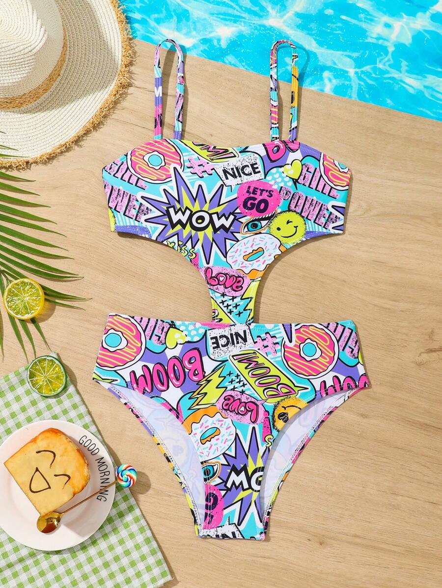 Tween Girl One Piece Printed Swimsuit, Random Summer Holiday - Multicolor - View 1