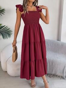 New Solid Color Square Neck Casual Backless Ruffle Camisole Midi Dress, Wine Red, Spring/Summer - Burgundy - View 5