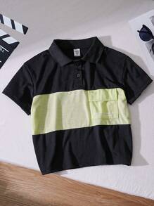 SHEIN 1 pieza de polo casual y de moda con hombro caído y diseño de bloques de color para niños jóvenes, adecuado para uso diario y vacaciones de verano