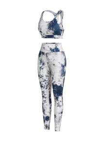 SHEIN Sport Studio Black Loose Vest + Printed Tight Vest + Printed Tight Long Pants Three-Piece Setwomen Workout Set Women Leggings Set