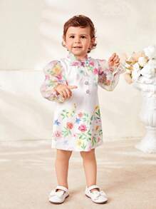 SHEIN Gaun Bayi Perempuan Motif Bunga Putih Jala Warna-warni, Musim Semi/Panas - Hitam dan Putih - View 5
