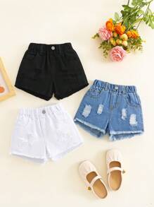 SHEIN 3pcs Baby Girl Fringed Distressed Denim Shorts, Summer,Holiday,Summer,Travel - Multicolor - View 6