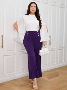 Modelyn Plus Size Women's Elegant Stand Collar High Slit Long Sleeve Top And Bell-Bottomed Pants Summer Two-Piece Set