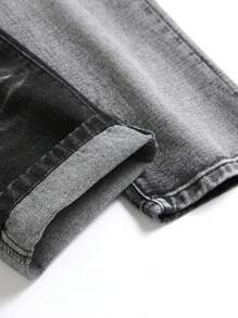 男士破洞抽鬚漂白水洗牛仔褲 - 黑色 - 查看 3