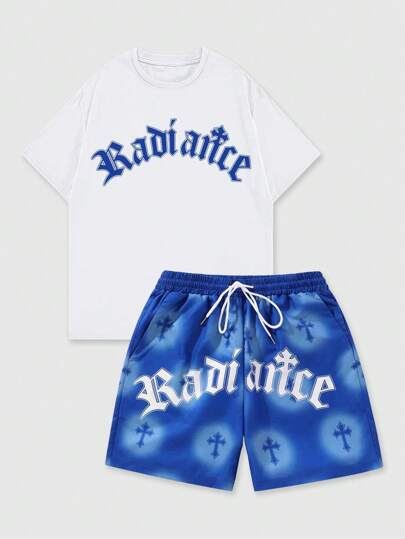 Street Life 2pcs Men's Slogan Printed T-Shirt And Shorts, Ideal For Daily Wear In Spring And Summer, School