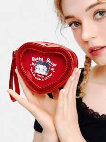 Betty Boop | ROMWE 时尚紧凑型零钱包，印有卡通和字母爱心图案，情人节 - 紅色 - 查看 2