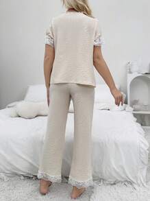 Earthy Tone Lace Trimmed Women's Pajama Set With V-Neckline And Small Buttoned Front Opening - Apricot - View 2