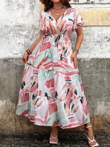 Flirla Plus Size Color Block Printed V-Neck Wrap Cross Hem Ruffle Short Sleeve Dress With Waist Belt, Summer - Multicolor - View 4