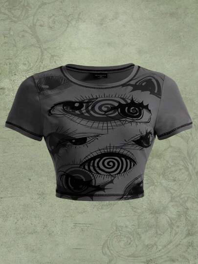 Goth Crop top con stampa di occhi, taglia over, per la scuola