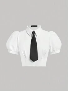 SHEIN MOD 大碼白色短袖襯衫配領帶，短身設計可收緊 - 白色 - 查看 2