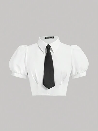 SHEIN MOD 大碼白色短袖襯衫配領帶，短身設計可收緊