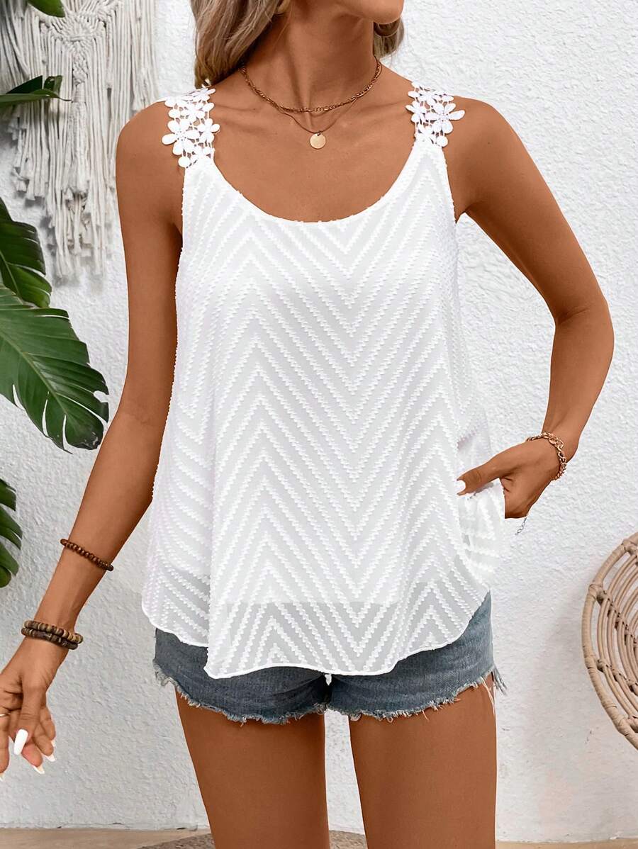 Breezaya Ladies' Summer Spliced Lace & Chiffon Camisole, Floral Pattern - White - View 1