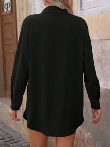 EMERY ROSE Solid Color Casual Long Sleeve Button-Up Shirt,Long Sleeve Tops Fall Cloth For Women - Black - View 2