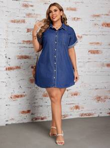 SHEIN LUNE Plus Size Kỳ nghỉ Váy denim có nút phía trước thông thường - Rửa trung bình - Xem 5