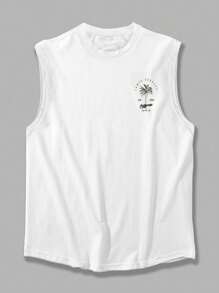 Camiseta de tirantes casual de cuello redondo con estampado de letras y palmeras para hombres en verano