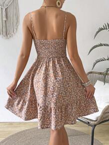 SHEIN VCAY Women's Summer Holiday Ditsy Floral Shirred Cami Casual Dress With Ruffle Hem