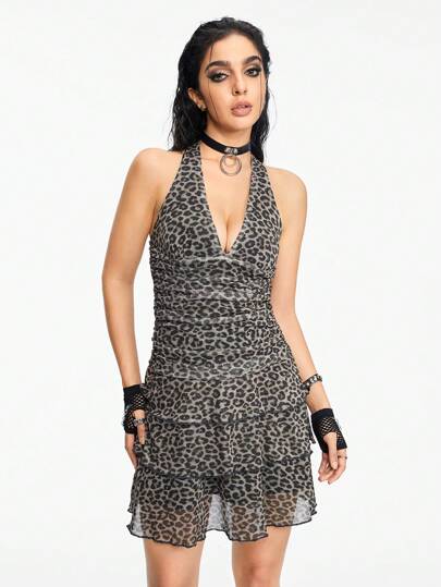 Grunge Punk Vestido ajustado sexy con diseño de leopardo, estilo halter y pliegues fruncidos en el Body, perfecto para el festival de música Grunge para mujeres